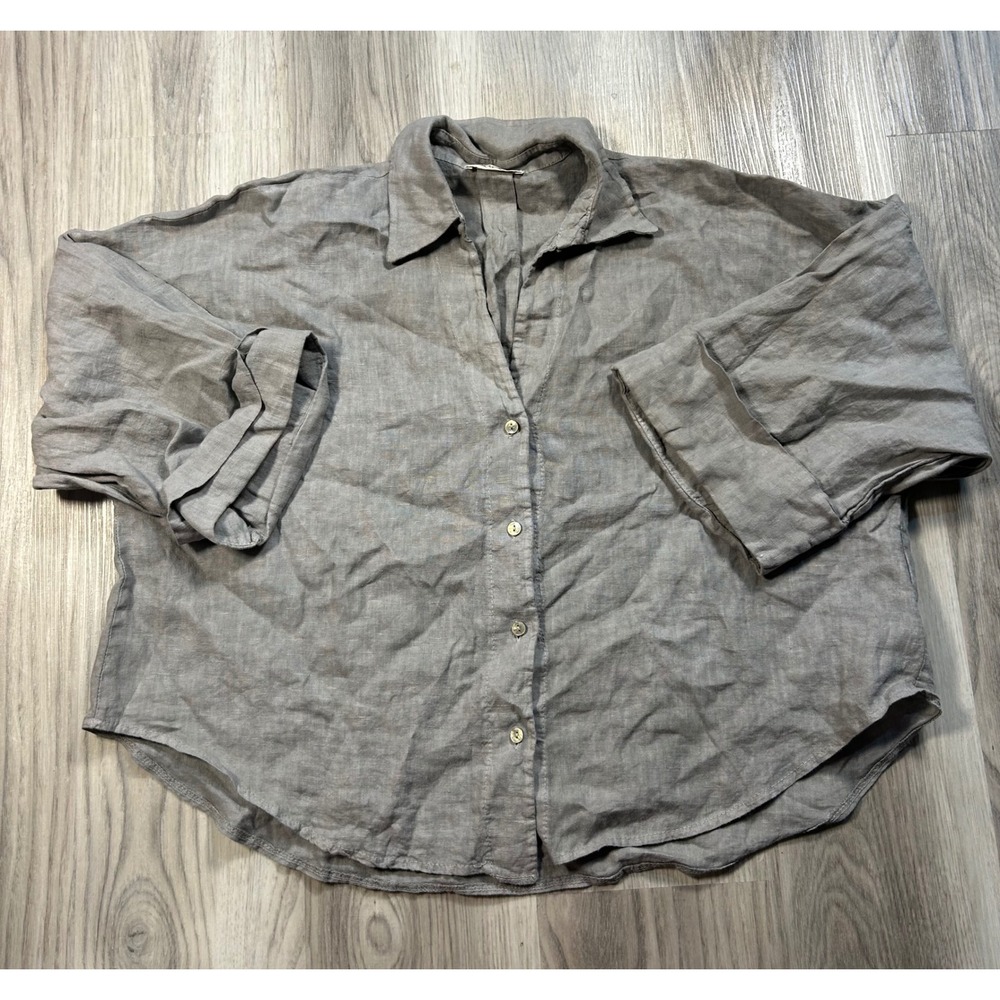 Made in Italy 100% Linen Button Up Shirt Gray Oversized Relaxed Fit Women OS